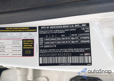 2015 Mercedes-Benz Ml 350 from USA, damaged, VIN 4JGDA5JBXFA524203